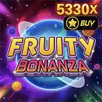 "Fruity Bonanza" slot icon featuring colorful fruits in a cosmic setting with a 5330x win potential.