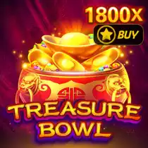 "Treasure Bowl" slot icon with a golden bowl overflowing with coins and jewels, offering an 1800x win potential.