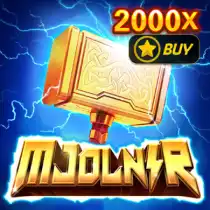 "Mjolnir" slot game icon featuring the legendary hammer with electric effects and a 2000x multiplier.