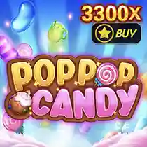 "Pop Pop Candy" slot game icon with colorful candies and a 3300x win potential.