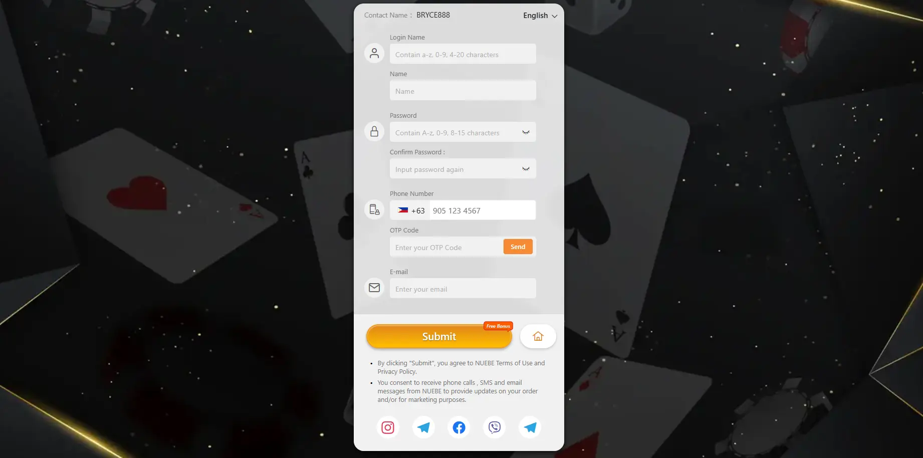 Nuebe Gaming register form displayed over a captivating background of playing cards.