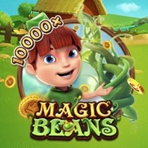 "Magic Beans" game icon featuring a cheerful boy and a beanstalk with a 10000x multiplier.