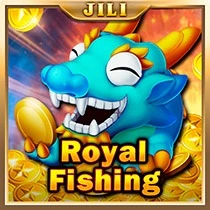Cheerful blue dragon surrounded by gold coins in the "Royal Fishing" game by JILI.