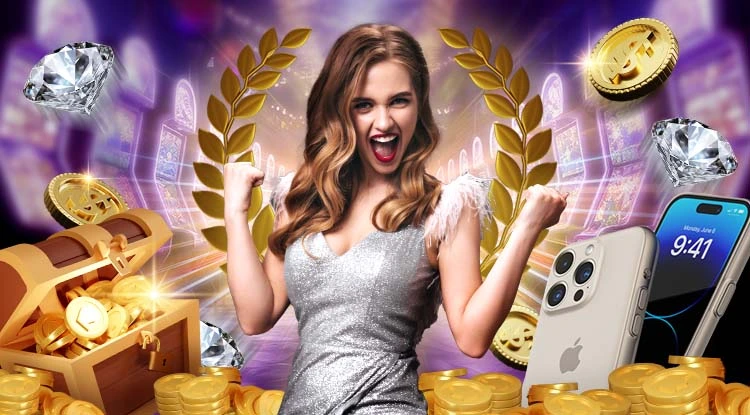 Excited woman with arms raised surrounded by luxury prizes, including coins, diamonds, and smartphones.