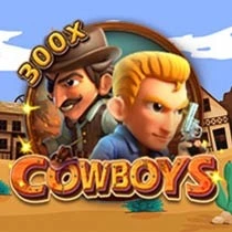 "Cowboys" slot game icon featuring two animated cowboy characters and a 300x multiplier by FaChai.