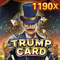 "Trump Card" slot game icon featuring a magician with playing cards and an 1190x win potential.