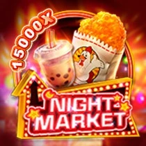 "Night Market" game icon with street food and a drink, boasting a 15000x jackpot.