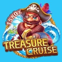 "Treasure Cruise" slot game icon showing a pirate with a treasure chest and a 1580x multiplier by FaChai.