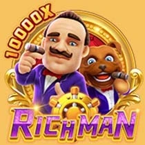 "Rich Man" slot icon featuring a mustachioed gentleman and a cheerful beaver with a 10000x jackpot.