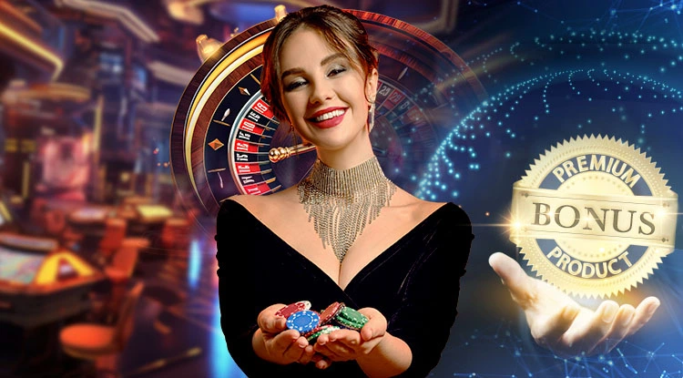 Elegant woman presenting a selection of casino chips with a roulette wheel and Premium Bonus sign in the background.