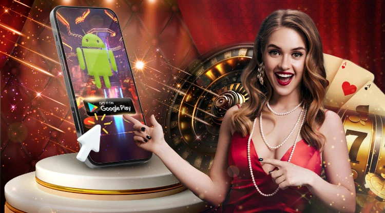 Cheerful woman pointing to Nuebe Gaming on a smartphone with casino elements in the background.