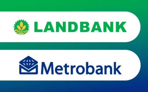 Logos of Metrobank and Land Bank on a green and blue background.