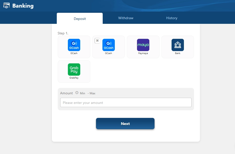 Payment options screen with icons for GCash, GrabPay, PayMaya, and direct bank transfers.