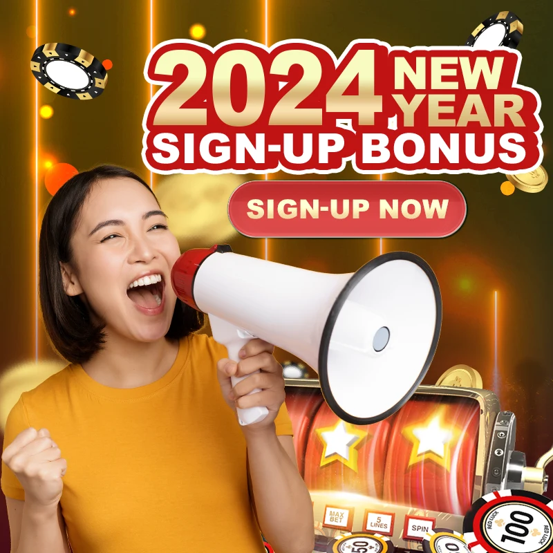 Woman with megaphone announcing 2024 New Year sign-up bonus.