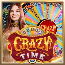 The vibrant 'Crazy Time' game logo with a smiling hostess, showcasing the excitement of the money wheel bonus games at Nuebe Gaming.