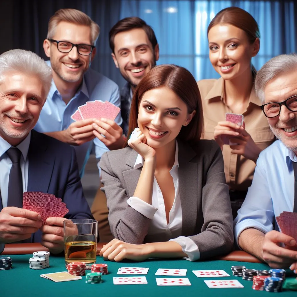 A group of six smiling people playing poker, with cards in hand and poker chips on the green table, showcasing a friendly and inviting gambling environment.
