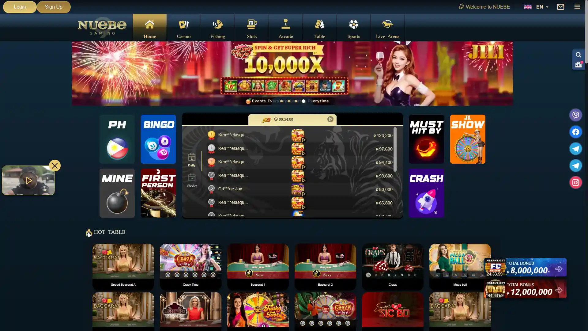 Interactive homepage of Nuebe Gaming showcasing various online casino games and live arenas.