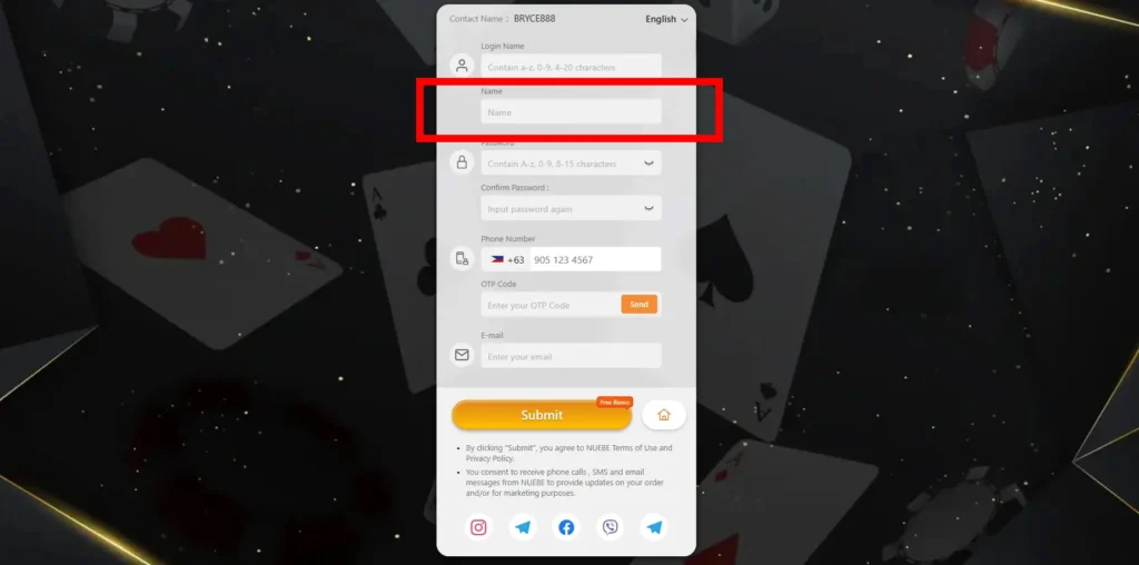 A close-up of the name field on Nuebe Gaming register form.