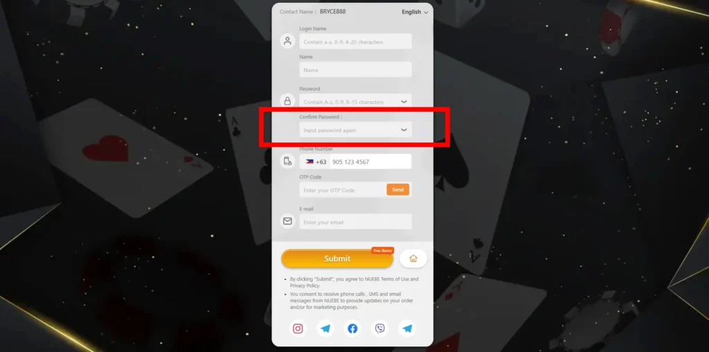 Confirmation field for password verification on Nuebe Gaming's register form.