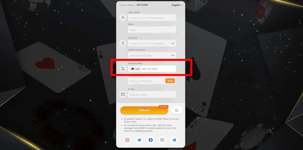 Phone number entry field where users need to enter their contact number for this step in Nuebe Gaming's register process.