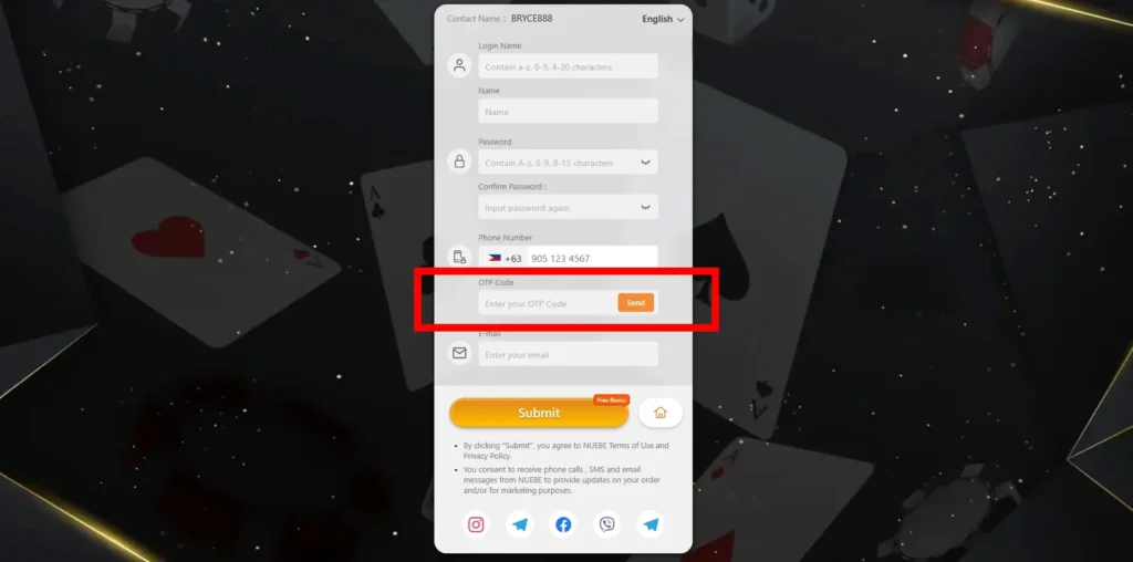 OTP code entry field on Nuebe Gaming's registration form with casino elements in the background.
