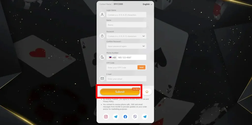 Final 'Submit' button on the Nuebe Gaming register form highlighted.