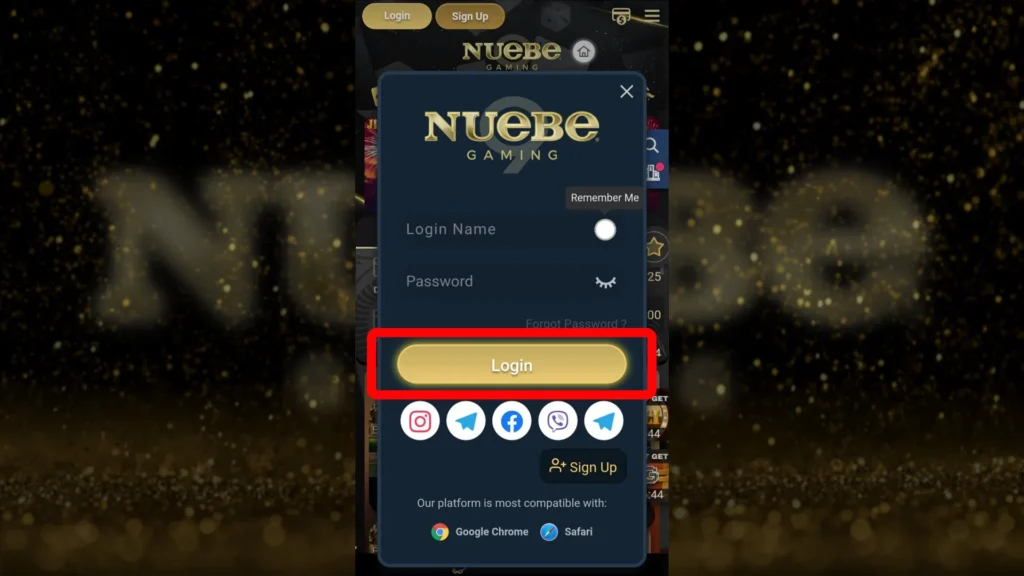 Login interface of Nuebe Gaming's website on a mobile device with highlighted login button for quick access.