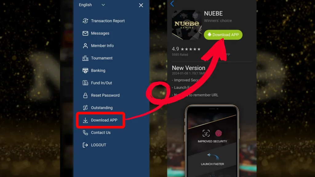 Nuebe Gaming's APP download link highlighted in the user menu for easy installation.