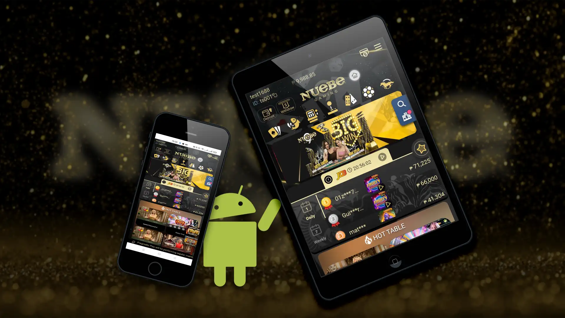 Two smartphones displaying the Nuebe Gaming app interface, indicating compatibility with Android devices.