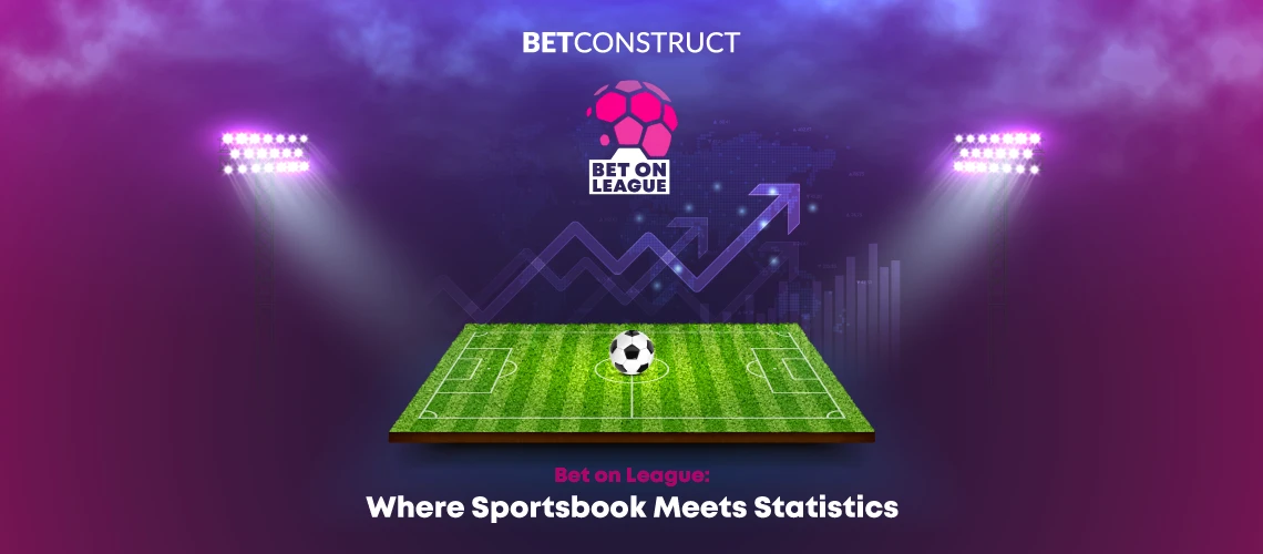 Graphic representation of BetConstruct's 'Bet on League' feature combining a soccer field with statistical growth charts and spotlights.