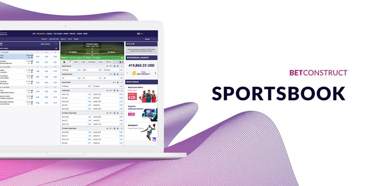 A laptop screen displaying BetConstruct Sportsbook interface with live sports betting options and account balance.
