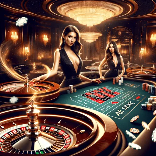 A grand live casino scene with two elegant dealers at a roulette table, featuring the prominent AE Sexy logo.