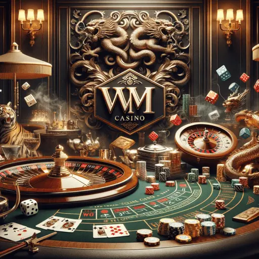 Elegant casino interior with a prominent WM Casino logo, featuring traditional Baccarat, Roulette, and Sic Bo gaming elements.