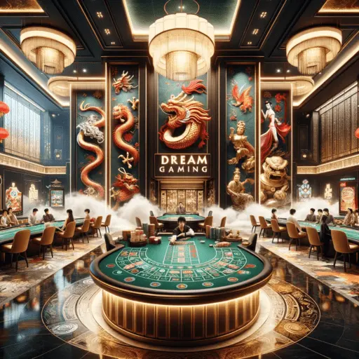A dynamic casino scene with a fusion of Southeast Asian and classic casino games, prominently featuring the SA Gaming logo.