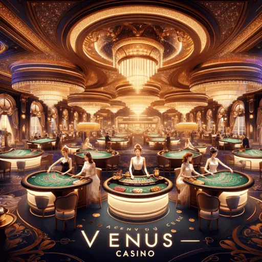 A grand Venus Casino live gaming room with elegant female dealers at the gaming tables, under the glow of opulent chandeliers.