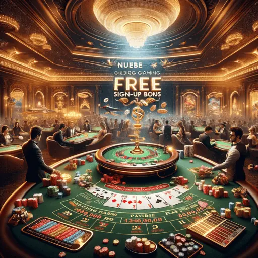 A luxurious casino environment with the Nuebe Gaming logo and a message about a free sign-up bonus, surrounded by lively casino tables and players.