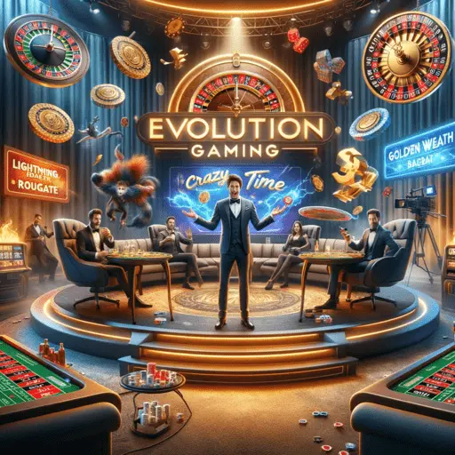 A modern casino studio with Evolution Gaming's diverse live games and the distinct Crazy Time game show, featuring the Evolution Gaming logo.