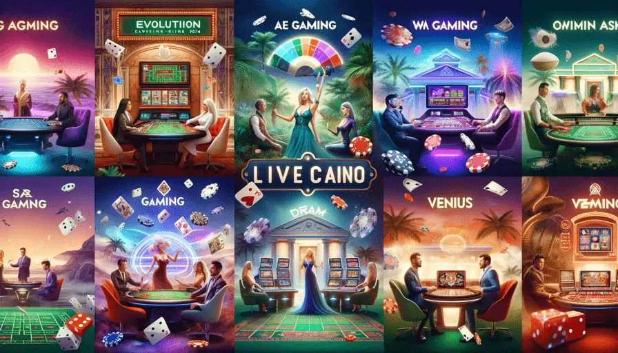 Collage of six live casino environments from Evolution Gaming, AE Sexy, WM Casino, SA Gaming, Dream Gaming, and Venus Casino, each with their distinctive branding.