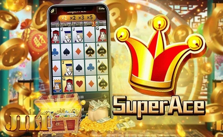Super Ace slot game interface on a mobile device with multiplier symbols, a crown wild symbol, and a treasure chest full of gold, indicative of potential winnings.