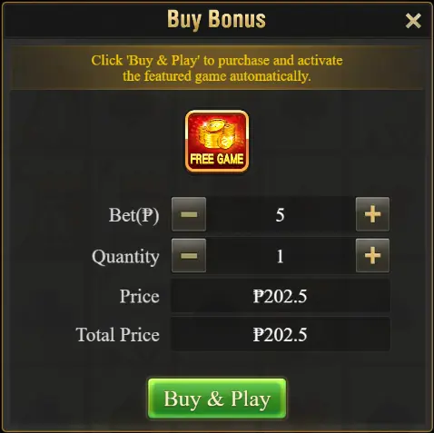 Interface of the 'Buy Bonus' feature in Super Ace, showing options to select bet amount, quantity of games, and the total price for purchasing immediate access to free game rounds.