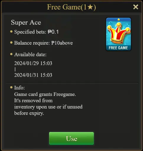 Popup window detailing the Free Game Card features in Super Ace, including bet value, balance requirement, and the validity period.