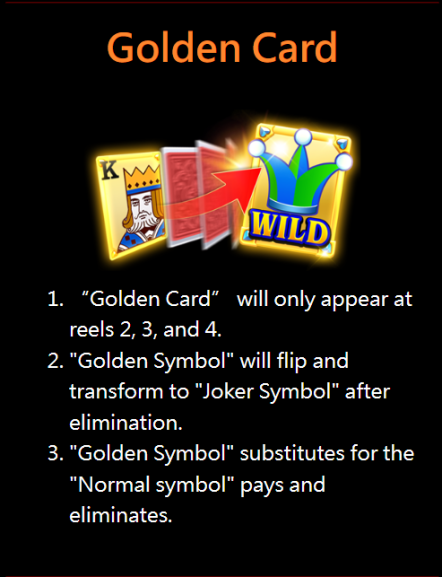 Illustration of the Golden Card feature in Super Ace showing a King card and a Wild card symbol, indicating the transformation of Golden Symbols on reels 2, 3, and 4 into Joker or Wild symbols.