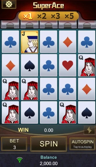 Screenshot of the Super Ace slot game display, featuring 5 reels and 4 rows with various card symbols, including the Jack and Queen, and special golden multiplier symbols.