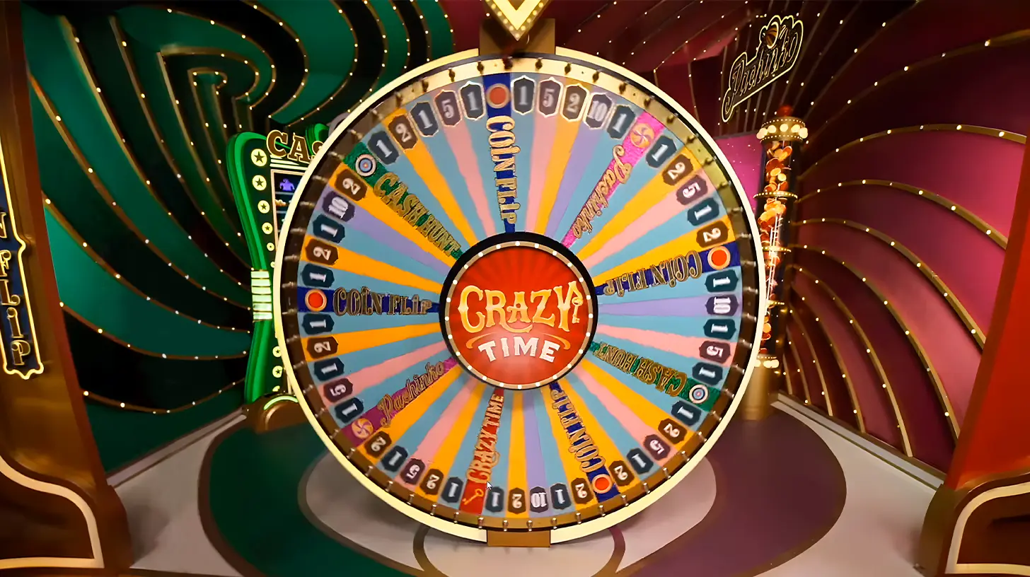 Colorful wheel of the Crazy Time live casino game with various betting segments.