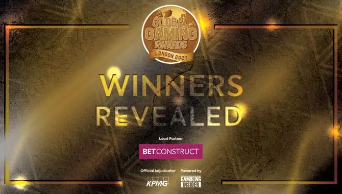 Image for the Global Gaming Awards London 2023 with the text 'Winners Revealed' prominently displayed. The BetConstruct logo is present as the lead partner, with KPMG as the official adjudicator and Gambling Insider as the power source.