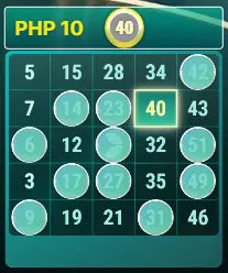A digital Mega Ball bingo card displaying selected numbers and the highlighted 'Numbers Needed' feature with a gold halo around the number 40, indicating the key number for winning, set against a vibrant teal background.