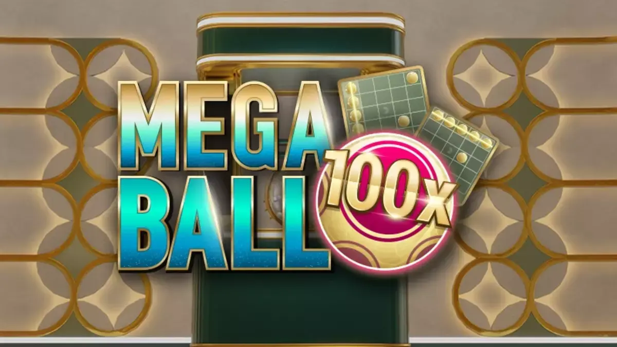 Promotional graphic for Mega Ball featuring the game's logo with a shiny gold and blue color scheme and the text '100x' on a glowing pink ball, symbolizing potential high payouts.