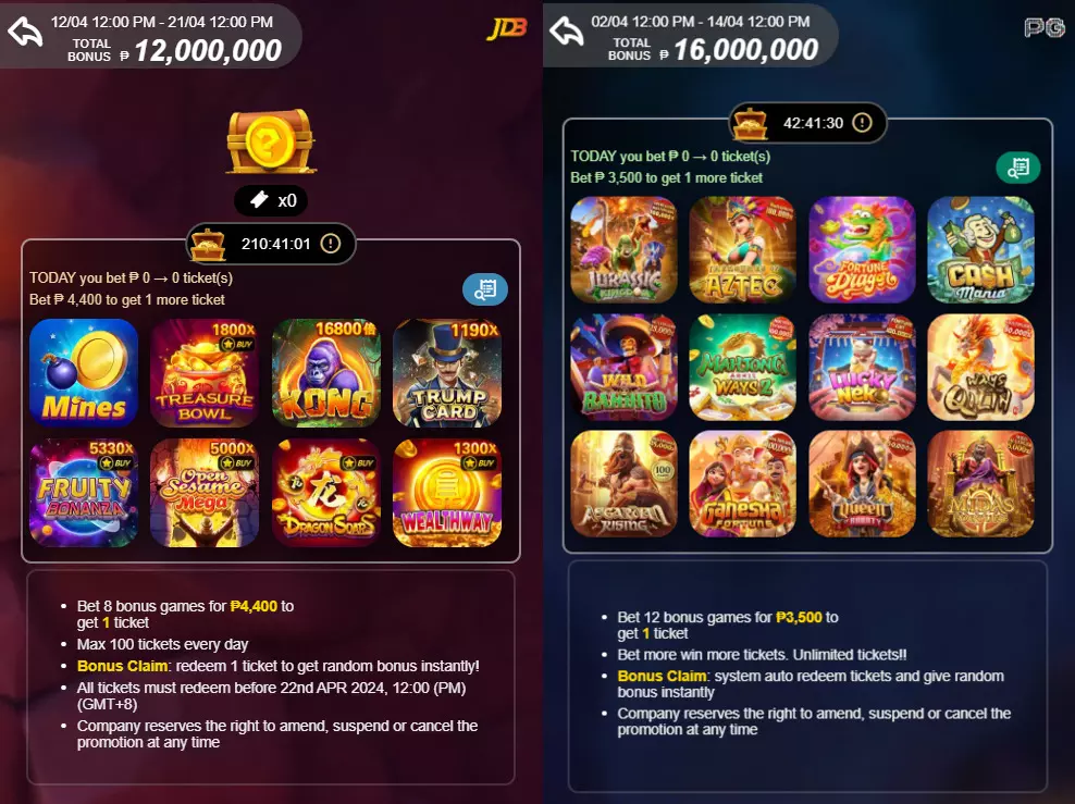 Promotional screen capture from Nuebe Gaming showcasing a total bonus prize pool with two separate bonus events for slot games, including titles like 'Mines,' 'KONG,' and 'Aztec,' with instructions on how to bet and earn tickets for bonus claims.