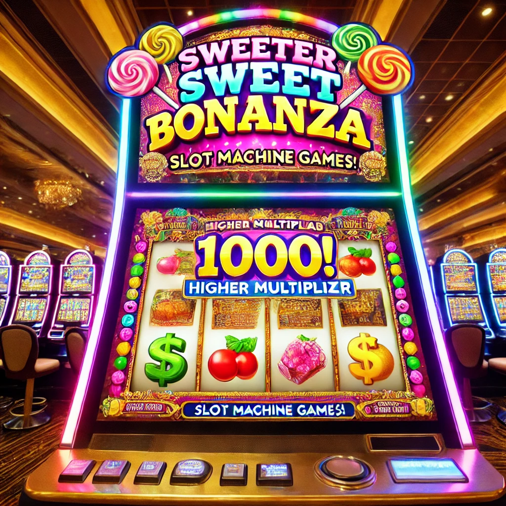 A vibrant and colorful slot machine in a casino with the text "Sweeter Sweet Bonanza 1000! Higher multiplier slot machine games!" displayed prominently on the screen. The slot machine features bright graphics of candies, fruits, and gold coins, with flashing lights and an inviting, festive atmosphere. The background shows more slot machines and a lively casino environment with people playing and enjoying their time.